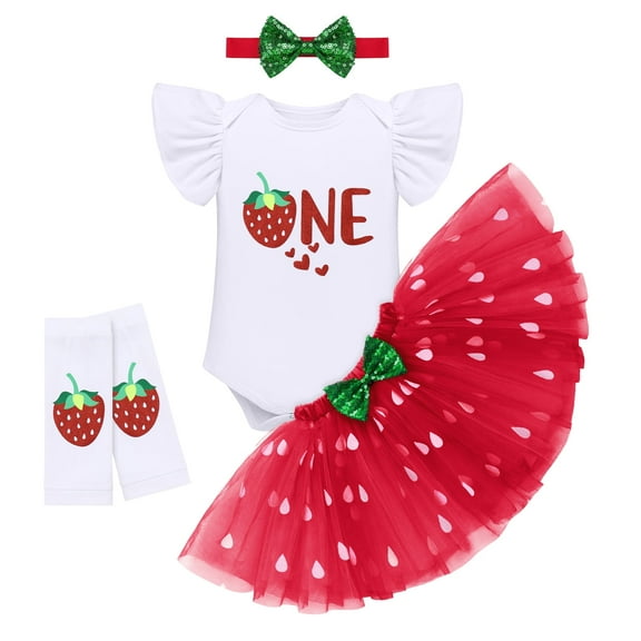 FYMNSI Baby Girls Strawberry 1st First Birthday Outfit One Year Old Party Cake Smash Set Fly Sleeve Romper Bodysuit Princess Tutu Tulle Skirt Bowknot Headband Leg Warmers Set 1 Year Red