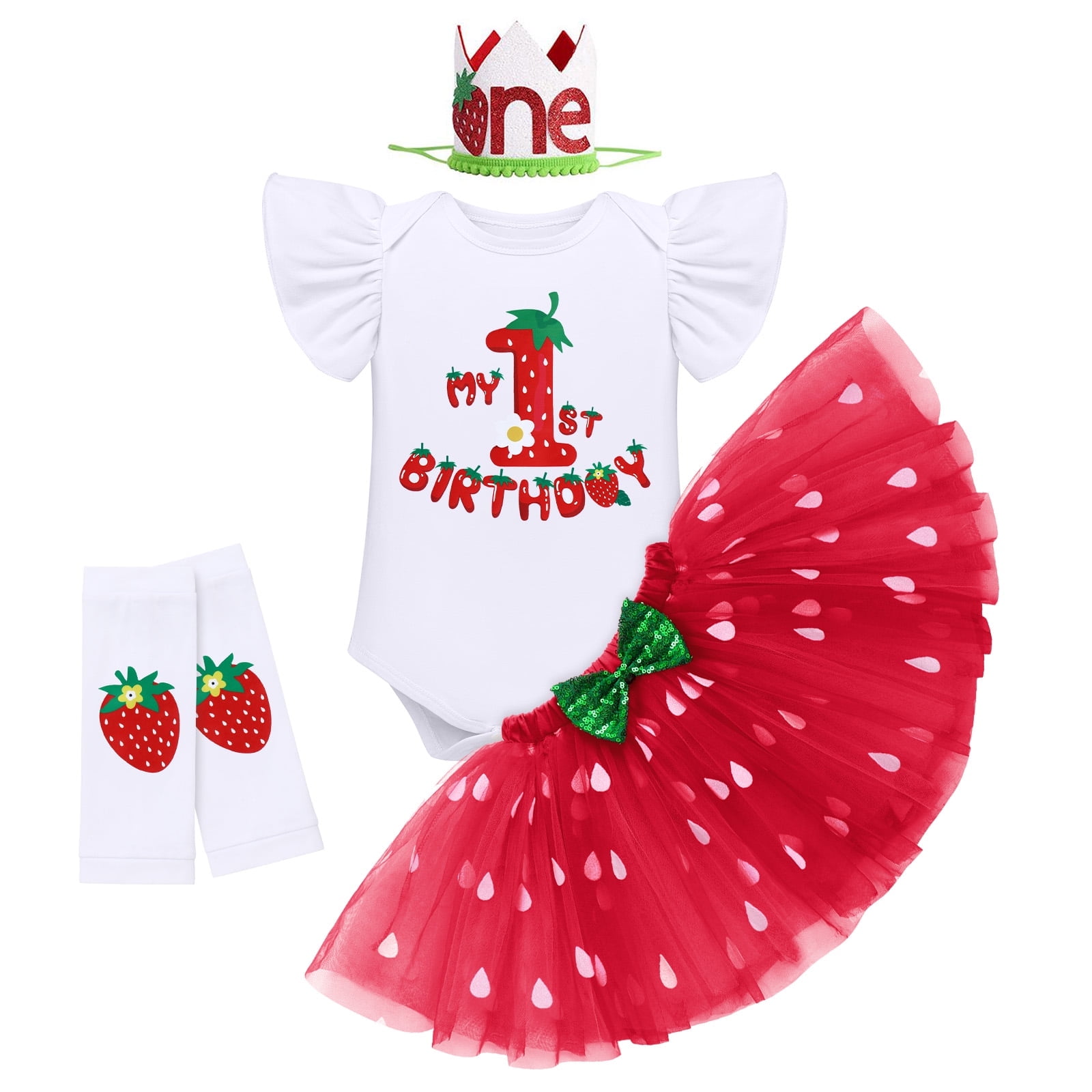 Fymnsi Baby Girls Strawberry 1st First Birthday Outfit One Year Old Party Cake Smash Set Fly Sleeve Romper Bodysuit Princess Tutu Tulle Skirt Bowknot