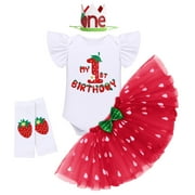 FYMNSI Baby Girls Strawberry 1st First Birthday Outfit One Year Old Party Cake Smash Set Fly Sleeve Romper Bodysuit Princess Tutu Tulle Skirt Bowknot Headband Leg Warmers Set 1 Year