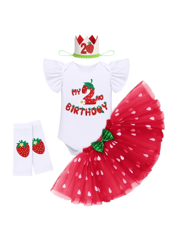 Baby Girls Strawberry 2nd Second Birthday Cake Smash Outfit Two Years Old Party Fly Sleeve Romper Bodysuit Princess Tutu Tulle Skirt Bowknot Headband Leg Warmers 4pcs Set 2 Years