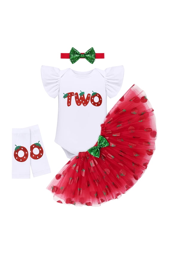 Baby Girls Strawberry 2nd Second Birthday Cake Smash Outfit Two Years Old Party Fly Sleeve Romper Bodysuit Princess Tutu Tulle Skirt Bowknot Headband Leg Warmers 4pcs Set 2 Year