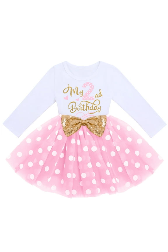 Baby Kids Girl My 2nd Second Birthday Dress Cake Smash Outfit Long Sleeve Princess Polka Dots Tulle Bowknot Dress Two Years Old Party Clothes Photo Props 2 Years Pink