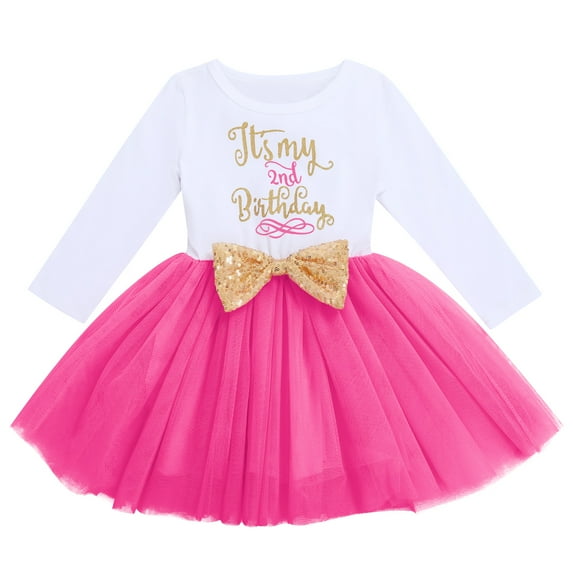 FYMNSI Baby Kids Girl My 2nd Second Birthday Dress Cake Smash Outfit Long Sleeve Princess Tulle Bowknot Dress Two Years Old Party Clothes Photo Props 2 Years Hot Pink 2nd Birthday