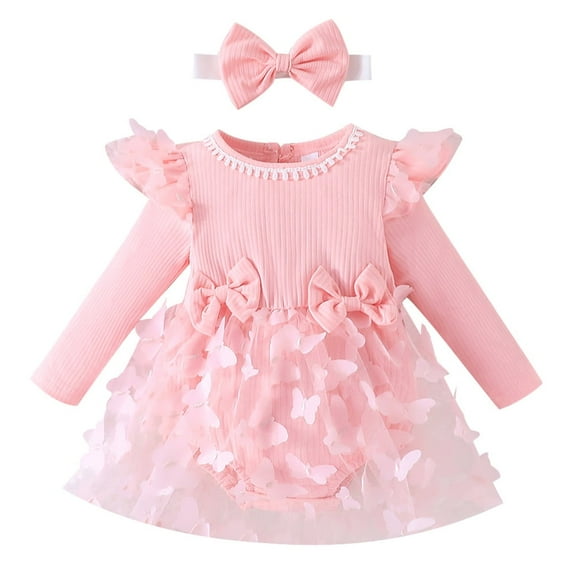 FYMNSI Baby Toddler Girl Ribbed Bowknot Princess Dress with Headband Infant Long Sleeve Tulle Tutu Dresses Newborn 3D Butterfly Romper Outfit 12-18 Months Pink