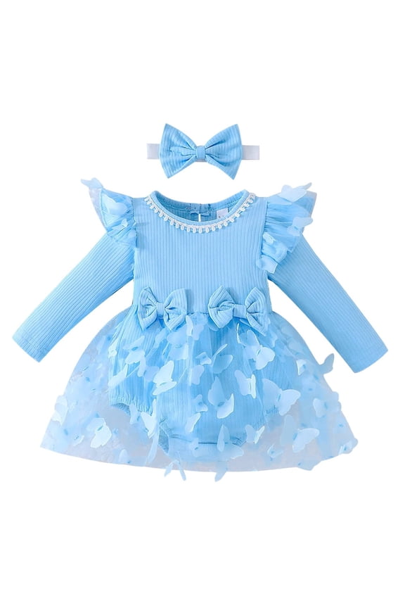 Baby Toddler Girl Ribbed Bowknot Princess Dress with Headband Infant Long Sleeve Tulle Tutu Dresses Newborn 3D Butterfly Romper Outfit 12-18 Months Blue
