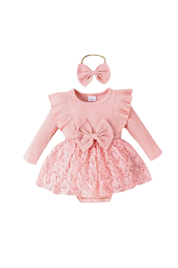 Baby Toddler Girl Ribbed Bowknot Princess Dress with Headband Infant Long Sleeve Tulle Tutu Dresses Newborn 3D Butterfly Romper Outfit 12-18 Months Pink1