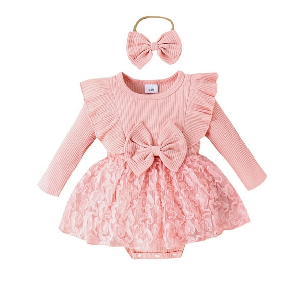 FYMNSI Baby Toddler Girl Ribbed Bowknot Princess Dress with Headband Infant Long Sleeve Tulle Tutu Dresses Newborn 3D Butterfly Romper Outfit 6-12 Months Pink1
