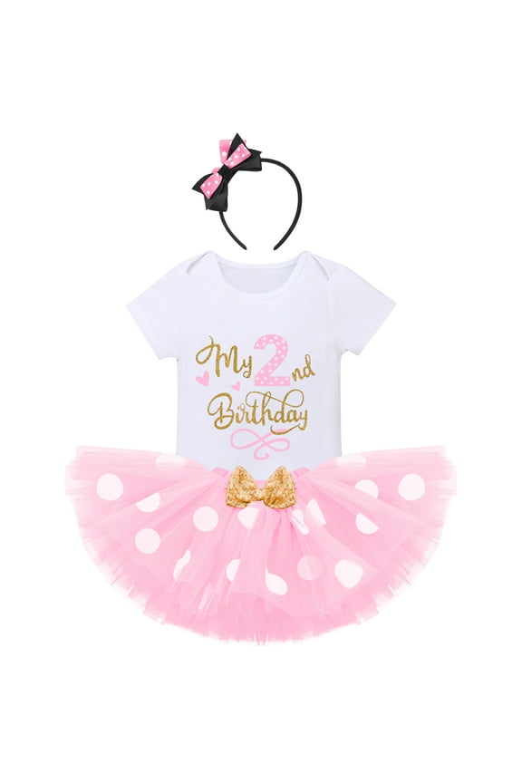 Baby Toddler Kids Girls My 2nd Second Birthday Cake Smash Outfit Romper Polka Dot Tutu Skirt Ear Headband 3pcs Two Years Old Party Clothes Set 2 Years Pink