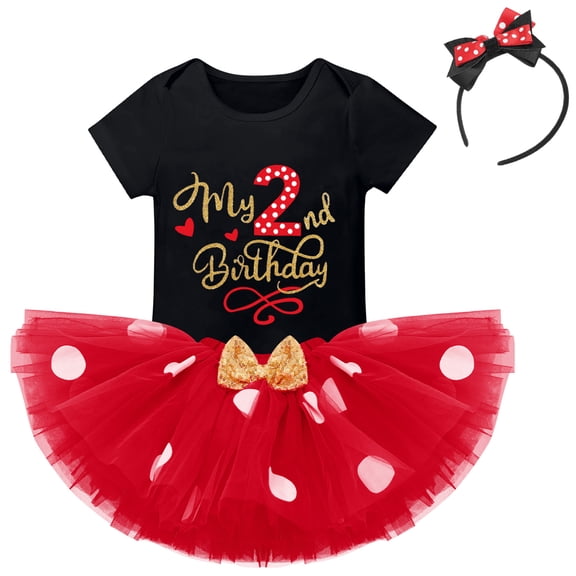 FYMNSI Baby Toddler Kids Girls My 2nd Second Birthday Cake Smash Outfit Romper Polka Dot Tutu Skirt Ear Headband 3pcs Two Years Old Party Clothes Set 2 Years Black