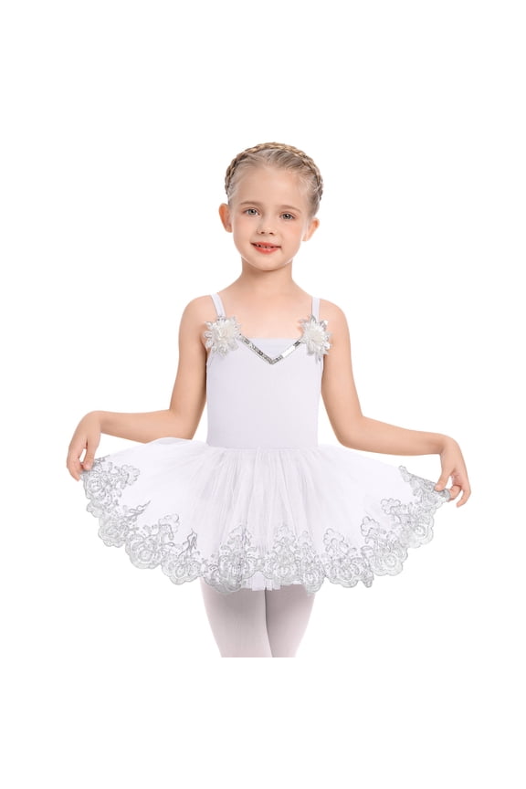 Ballet Leotards for Girls Ballerina Dance Skirted Tutu Dress Kids Toddler Shiny Ruffle Sleeveless Dancewear Bodysuit 3-4 Years White