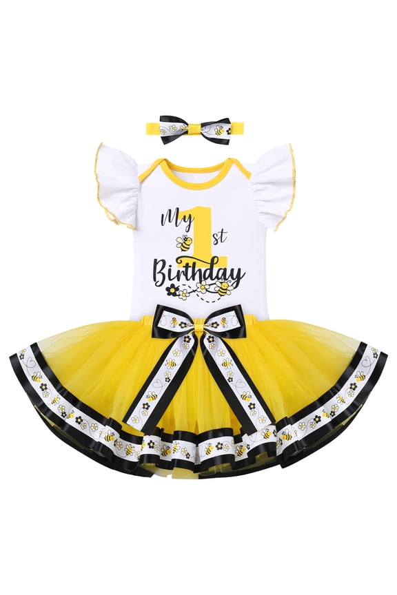 Bee Outfit Baby Girl 1st Birthday Cake Smash Set First One Year Old Party Dress Flutter Sleeve Cotton Romper Princess Tutu Tulle Skirt Bowknot Headband 3pcs Set 1 Year