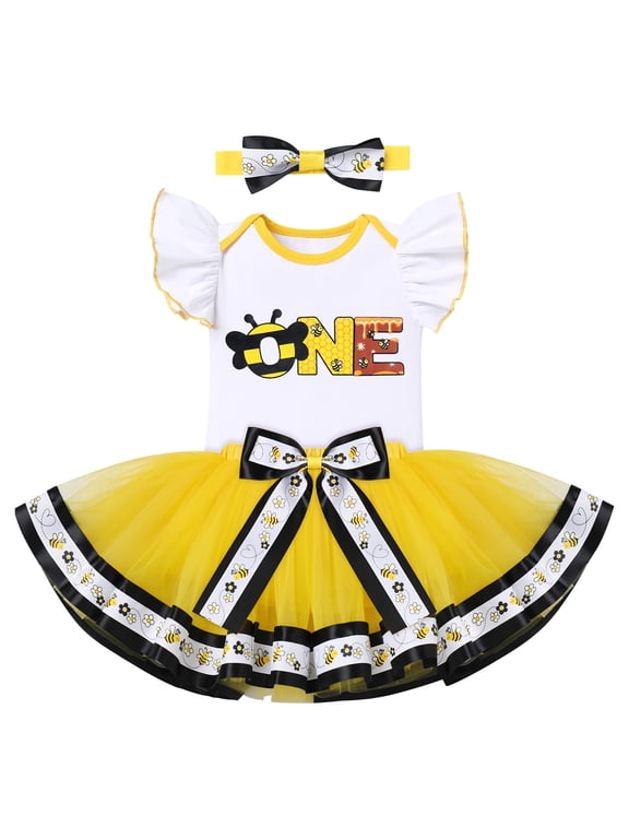 Bee Outfit Baby Girl 1st Birthday Cake Smash Set First One Year Old Party Dress Flutter Sleeve Cotton Romper Princess Tutu Tulle Skirt Bowknot Headband 3pcs Set 1 Year
