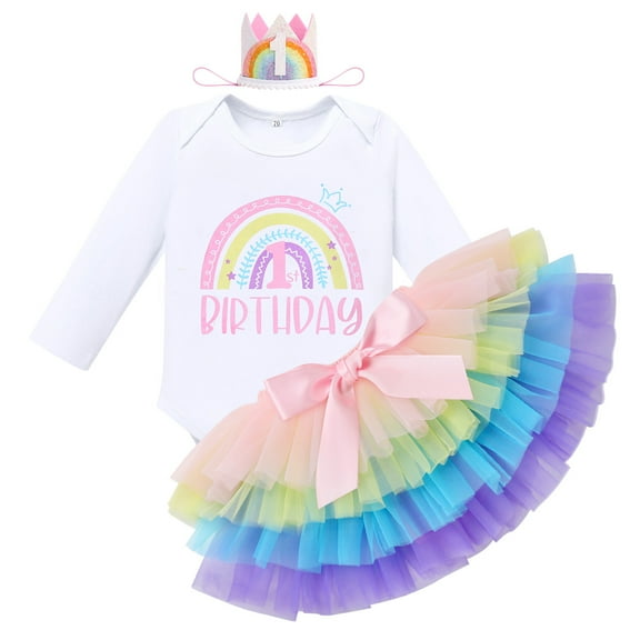 FYMNSI Boho Rainbow 1st Birthday Outfit for Baby Girl One Year Old Party Cake Smash Photo Shooting Cotton Long  Sleeve Romper Princess Tutu Tulle Skirt Crown Headband 3pcs Set