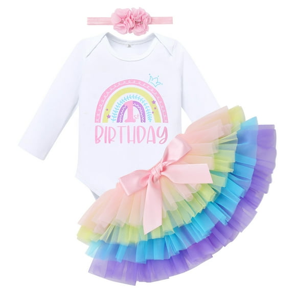 FYMNSI Boho Rainbow 1st Birthday Outfit for Baby Girl One Year Old Party Cake Smash Photo Shooting Cotton Long Sleeve Romper Princess Tutu Tulle Skirt Flower Headband 3pcs Set