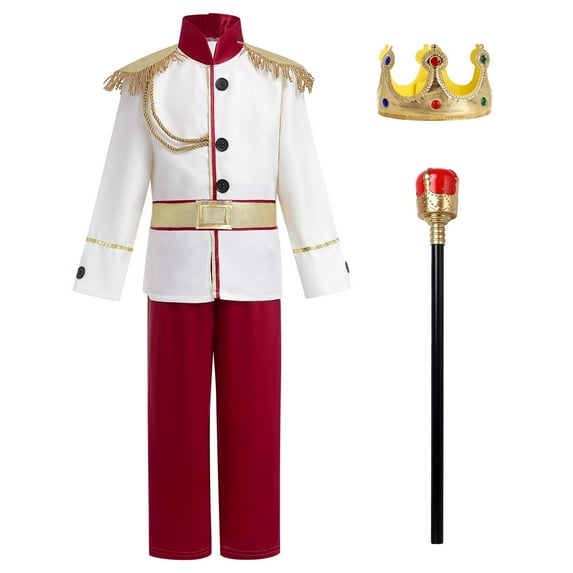 FYMNSI Boy Prince Charming Costume Halloween Carnival Cosplay Fancy Dress Up Medieval Royal Prince King Knight Outfit for Kids Jacket Top Pants Crown Scepter Set 5-7 Years Wine Red Scepter