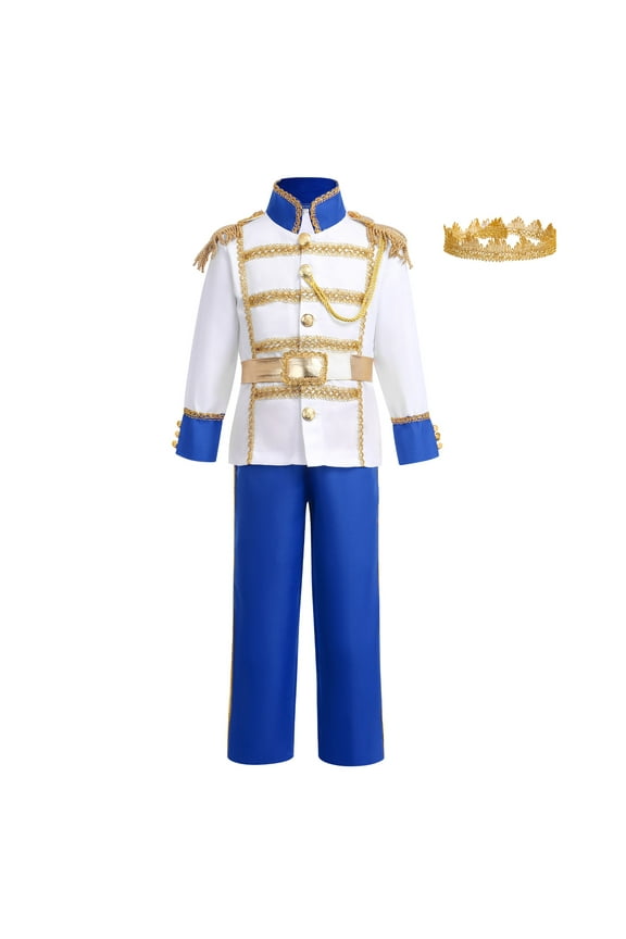 Boy Prince Charming Costume Halloween Carnival Cosplay Fancy Dress Up Medieval Royal Prince King Knight Outfit for Kids Jacket Top Pants Crown Set 3-4 Years Royal Blue