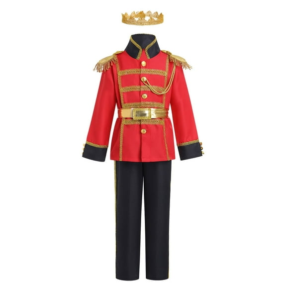 FYMNSI Boy Prince Costume Carnival Cosplay Fancy Dress Up Medieval Royal Prince King Knight Outfits Top Pants Crown Set 10-12 Years Black Red