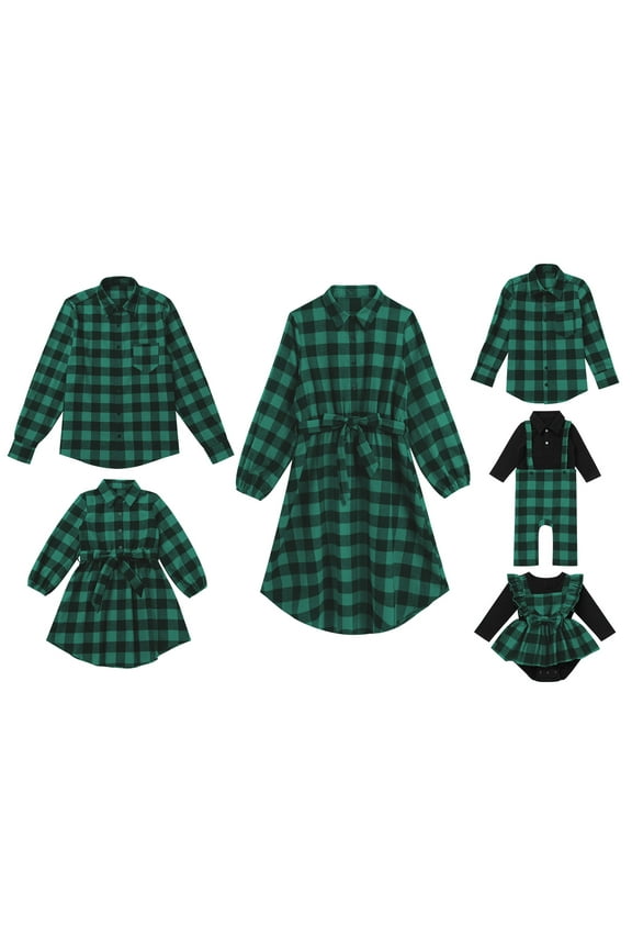 Christmas Matching Family Outfits Mommy and Me Green Plaid Dresses Father Son Button Down Shirts Xmas Photoshoot Set (Baby Girl 9-12M)
