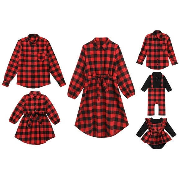 FYMNSI Christmas Matching Family Outfits Mommy and Me Red Plaid Dresses Father Son Button Down Shirts Xmas Photoshoot Set (Baby Girl 9-12M)
