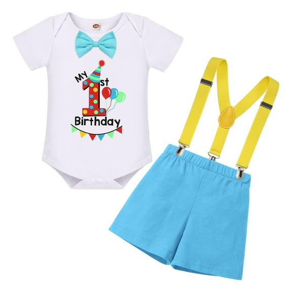FYMNSI First Birthday Cake Smash Outfit for Baby Boy My 1st Birthday Party Clothes One Year Old Photo Shoot Bow Tie Short Sleeve Romper Y-Back Suspenders Shorts Set 3pcs