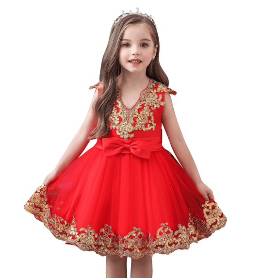 FYMNSI Flower Girl Dress Kids Baby V-neck Sequin Bowknot Sleeveless A-line Short Tutu Princess Wedding Bridesmaid Birthday Party Pageant Evening Dress Formal Occasion Clothes 7-8 Years Red