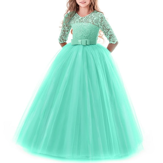FYMNSI Girls Dresses Toddler Kids Lace 3/4 Sleeves Floral Princess Dress Wedding Party Formal Evening Long Gown 2-3 Years Green