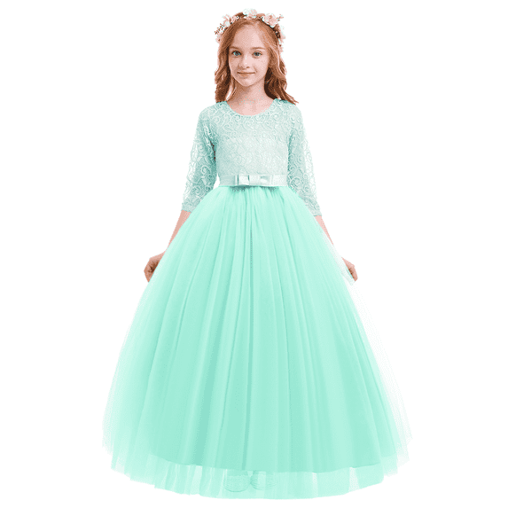 FYMNSI Flower Girl Dress for Wedding Vintage 3/4 Sleeves Floral Lace Princess Dresses Party Evening Dance Formal Long Gown Tulle Bow Pageant Maxi Dress 9-10 Years Mint Green