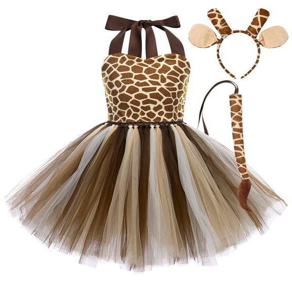 FYMNSI Giraffe Female Party Cosplay Fancy-Dress Costume with Headband for Little Girls 7-8 Years
