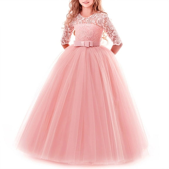 FYMNSI Girls Dresses Toddler Kids Lace 3/4 Sleeves Floral Princess Dress Wedding Party Formal Evening Long Gown 5-6 Years Pink