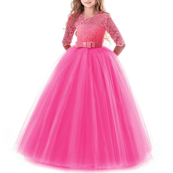 FYMNSI Girls Dresses Toddler Kids Lace 3/4 Sleeves Floral Princess Dress Wedding Party Formal Evening Long Gown 5-6 Years Rose