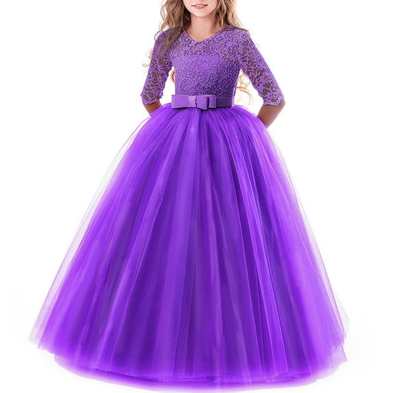 FYMNSI Girls Dresses Toddler Kids Lace 3/4 Sleeves Floral Princess Dress Wedding Party Formal Evening Long Gown 9-10 Years Purple