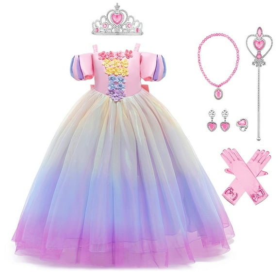 FYMNSI Girls Princess Halloween Costume Fancy Dress Kids Carnival Christmas Birthday Party Book Week Cosplay Tulle Dress with Accessories 6-7 Years Pink Purple