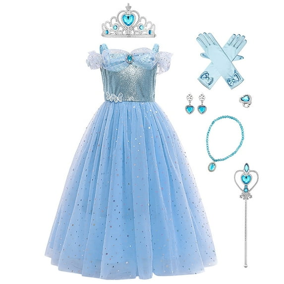 FYMNSI Girls Princess Halloween Costume Fancy Dress Kids Carnival Christmas Birthday Party Book Week Cosplay Tulle Dress with Accessories 3-4 Years Light Blue