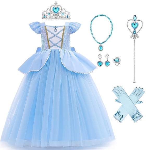 FYMNSI Girls Princess Halloween Costume Fancy Dress Kids Carnival Christmas Birthday Party Book Week Cosplay Tulle Dress with Accessories 3-4 Years Sky Blue