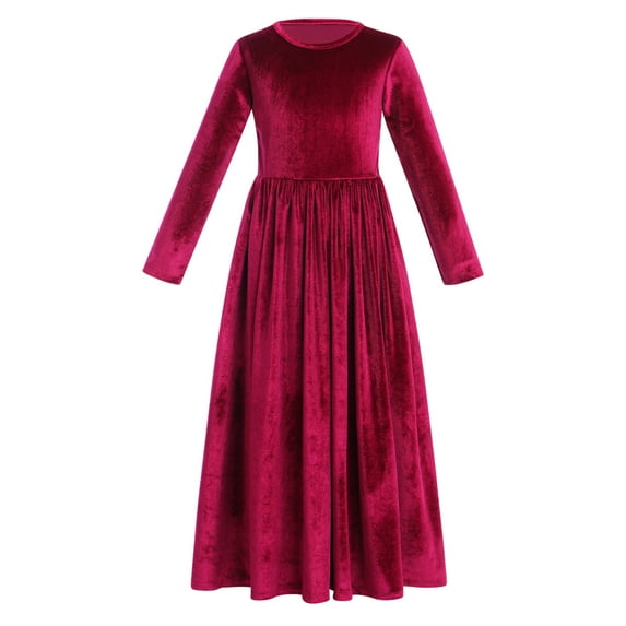 FYMNSI Girls Velvet Christmas Dress Evening Party Dress Vintage Long Sleeve Ruffle Maxi Gown with Pockets 11-12 Years Wine Red