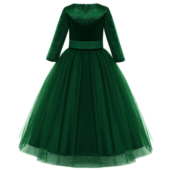 FYMNSI Christmas Velvet Princess Dress for Girls Evening Fancy Dresses Pageant Party Long Sleeve Gowns 2-3T Green