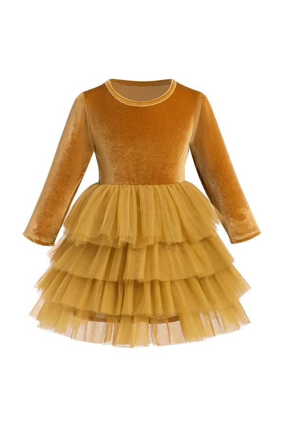 Velvet Christmas Dress for Girls Toddler Fall Winter Layered Tiered Tulle Dresses Vintage Party Midi Gown 1-2 Years Champagne