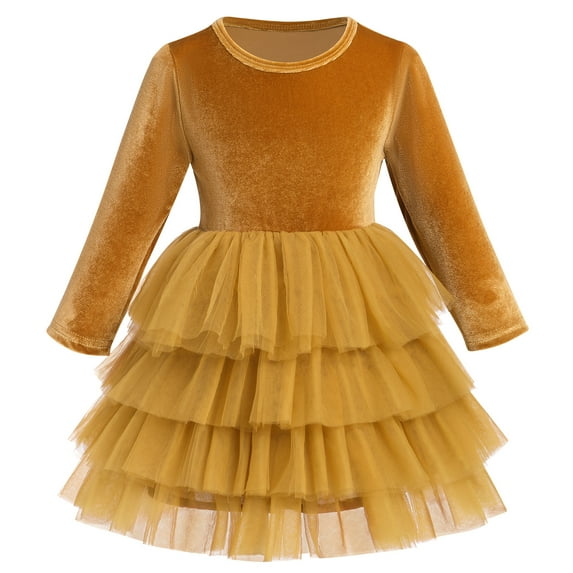 FYMNSI Velvet Christmas Dress for Girls Toddler Fall Winter Layered Tiered Tulle Dresses Vintage Party Midi Gown 3-4 Years Champagne
