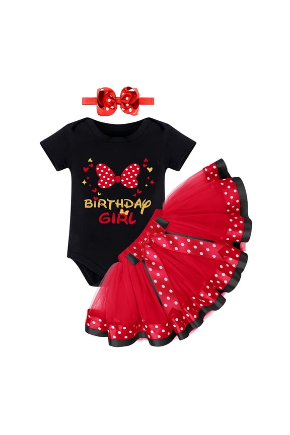 Infant Baby Girl 1/2 Half Birthday Cake Smash Outfit Short Sleeve Romper Mini Polka Dots Tutu Skirt Bowknot Headband 3pcs Set 6 Months Black