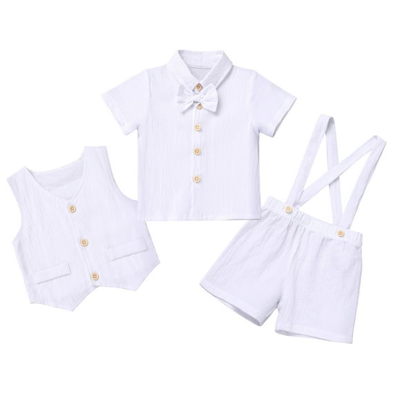 FYMNSI Baby Boy Baptism Clothes Suits Infant Gentleman Outfit Dress Shirt Vest Suspenders Short Pants 12-18 Months