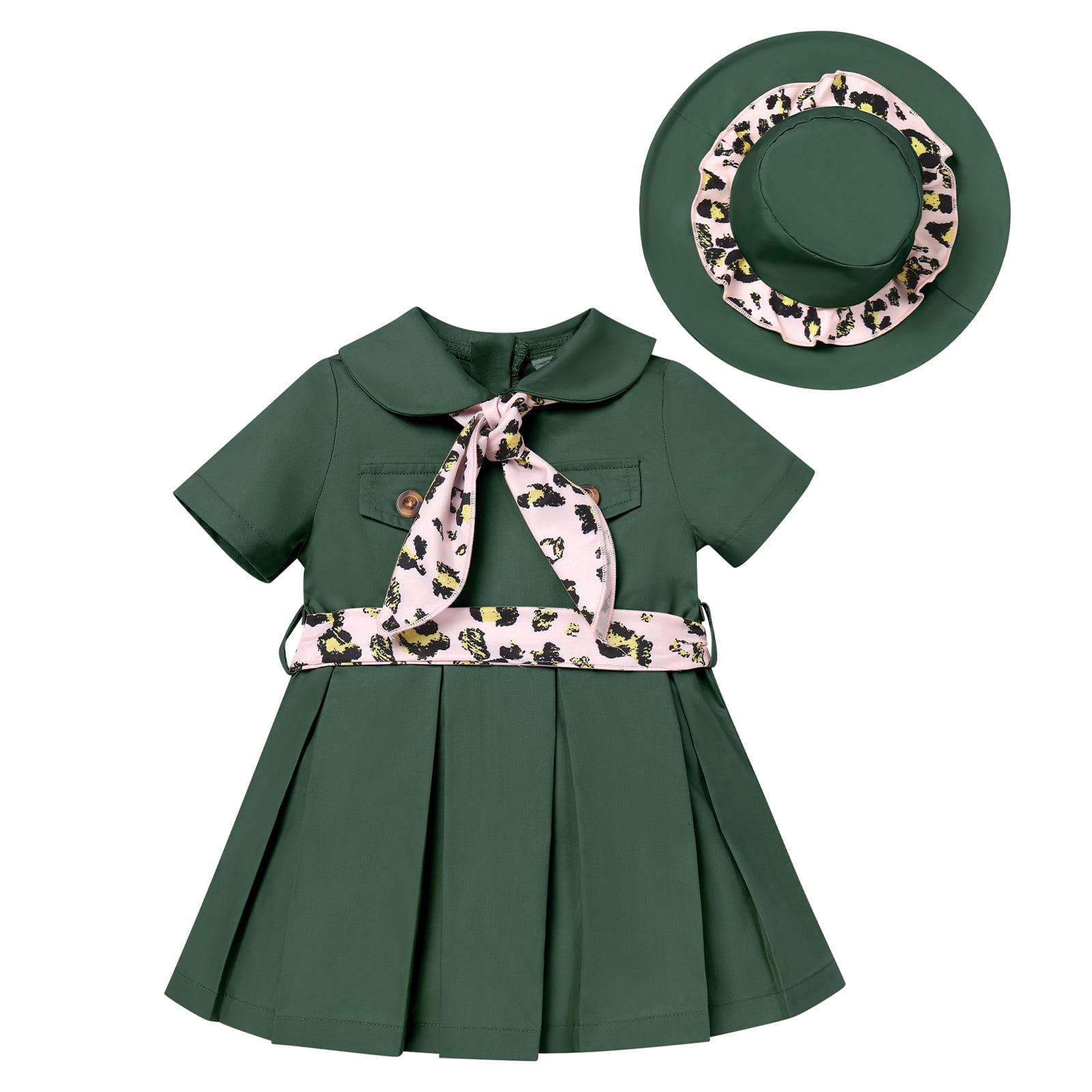 FYMNSI Jungle Safari Wild One Outfits for Baby Girl Short Sleeve A-line Pleated Dress with Hat Baby Girl Clothes 6-12 Months