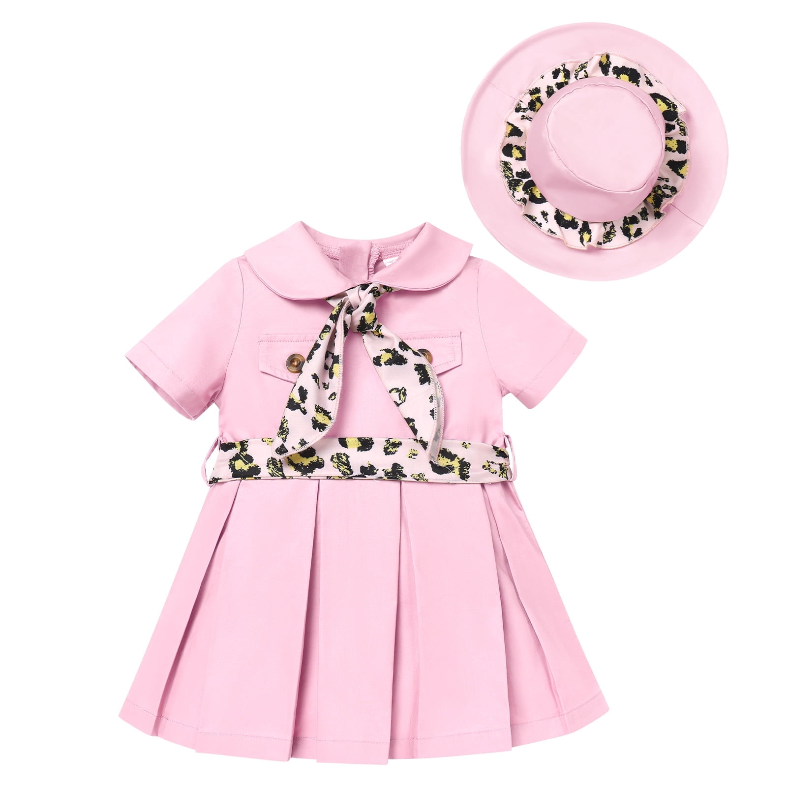 FYMNSI Jungle Safari Wild One Outfits for Toddler Girl Short Sleeve A-line Pleated Dress with Hat 12-18 Months Girl Clothes