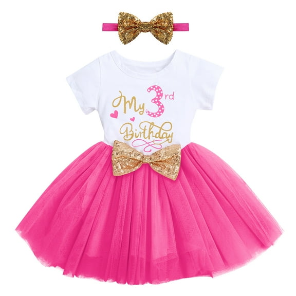 FYMNSI Kids Girl 3rd Third Birthday Dress Three Years Old Party Cake Smash Outfit Princess Tutu Dress with Sequin Bowknot Headband 2pcs Set