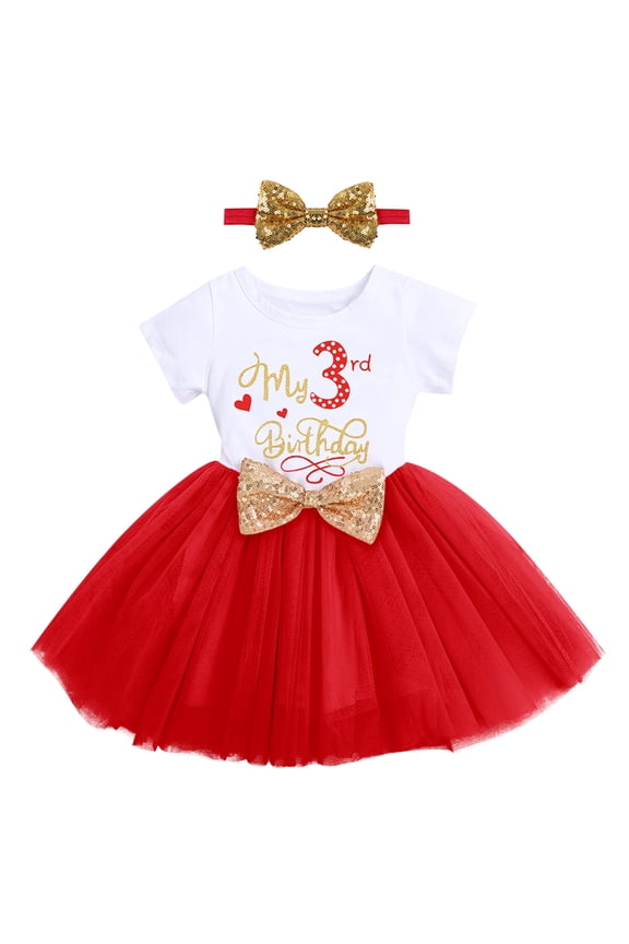 Kids Girl 3rd Third Birthday Dress Three Years Old Party Cake Smash Outfit Princess Tutu Dress with Sequin Bowknot Headband 2pcs Set