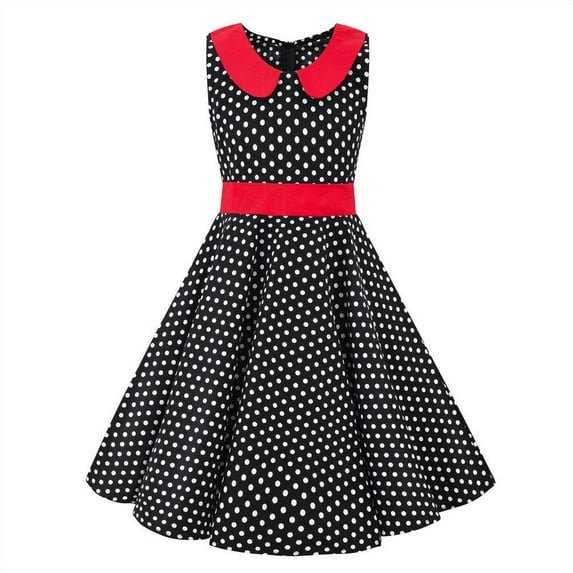 FYMNSI Kids Girls Polka Dot Dress Vintage 50's Girls Dress Retro Doll Collar Swing Dresses Sleeveless Party Dress 9-10 Years Black