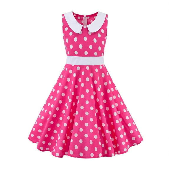 FYMNSI Kids Girls Polka Dot Dress Vintage 50's Girls Pink Dress Retro Doll Collar Swing Dresses Sleeveless Party Dress 9-10 Years