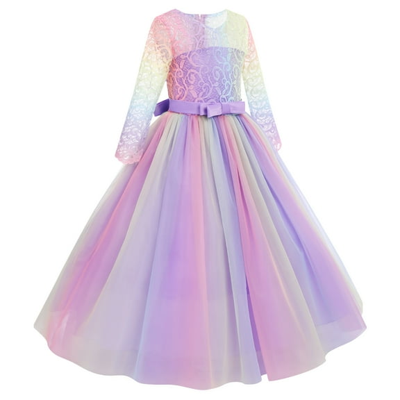FYMNSI Girls Dresses Toddler Kids Lace 3/4 Sleeves Floral Princess Dress Wedding Party Formal Evening Long Gown 2-3 Years Rainbow Purple