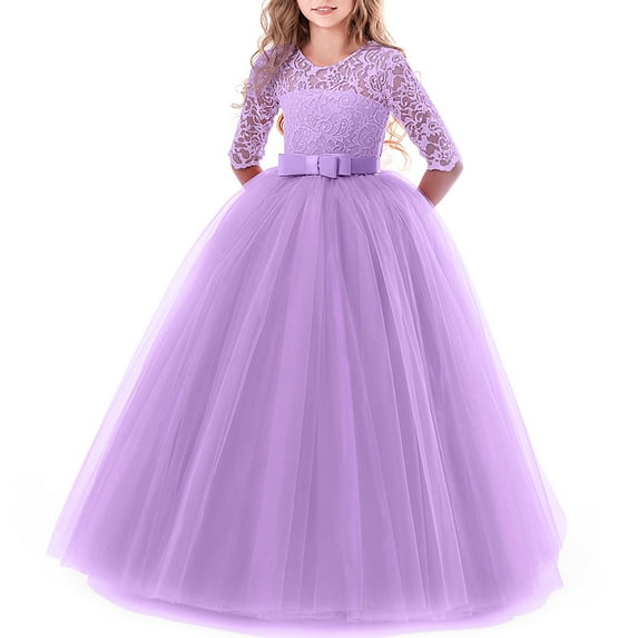 FYMNSI Girls Dresses Toddler Kids Lace 3/4 Sleeves Floral Princess Dress Wedding Party Formal Evening Long Gown 9-10 Years Light Purple