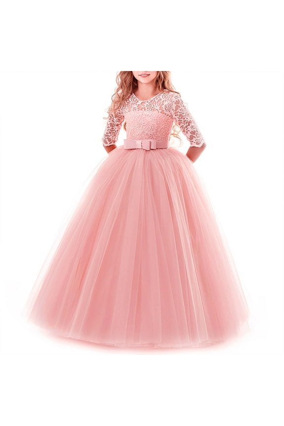Girls Dresses Toddler Kids Lace 3/4 Sleeves Floral Princess Dress Wedding Party Formal Evening Long Gown 7-8 Years Pink