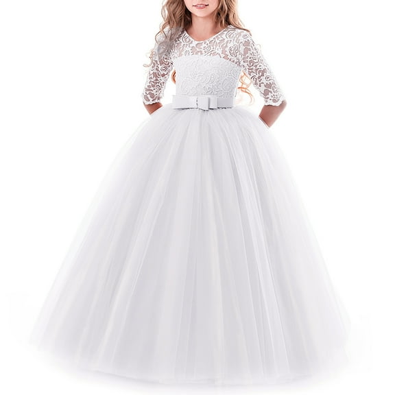 FYMNSI Girls Dresses Toddler Kids Lace 3/4 Sleeves Floral Princess Dress Wedding Party Formal Evening Long Gown 13-14 Years White